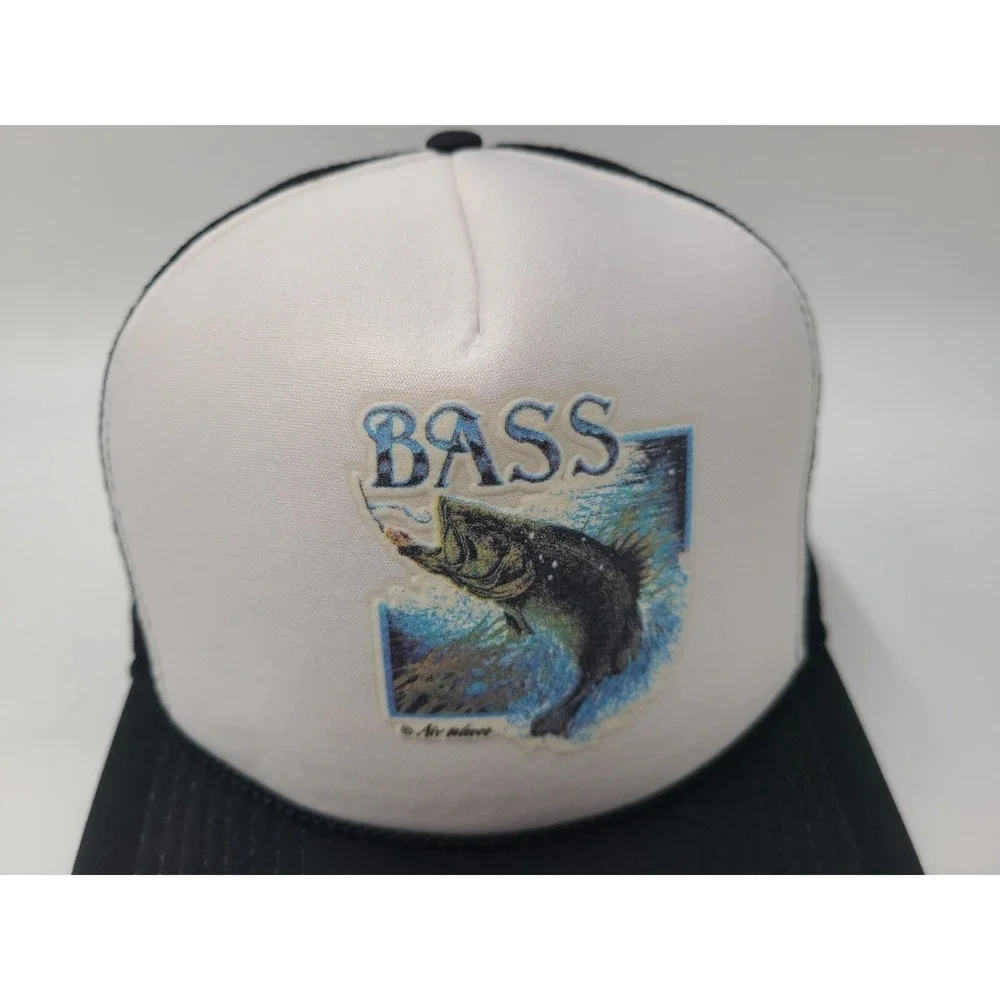 Vintage Bass‎ Fishing Mesh Trucker Snapback Hat Cap Outdoors Nature White Black